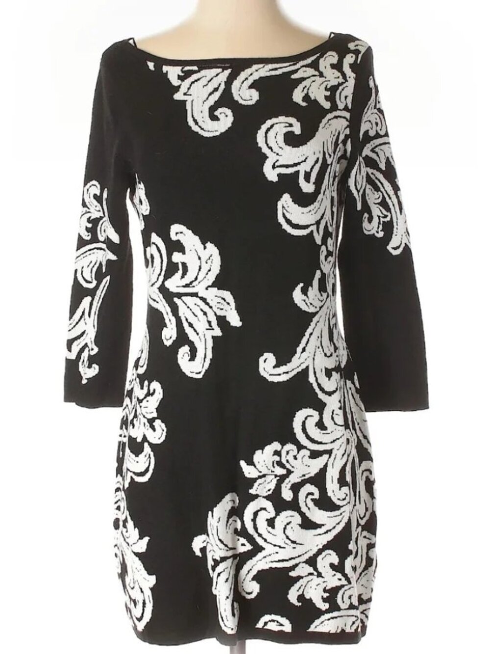 Black and White Scroll-Print Women's Dress XL